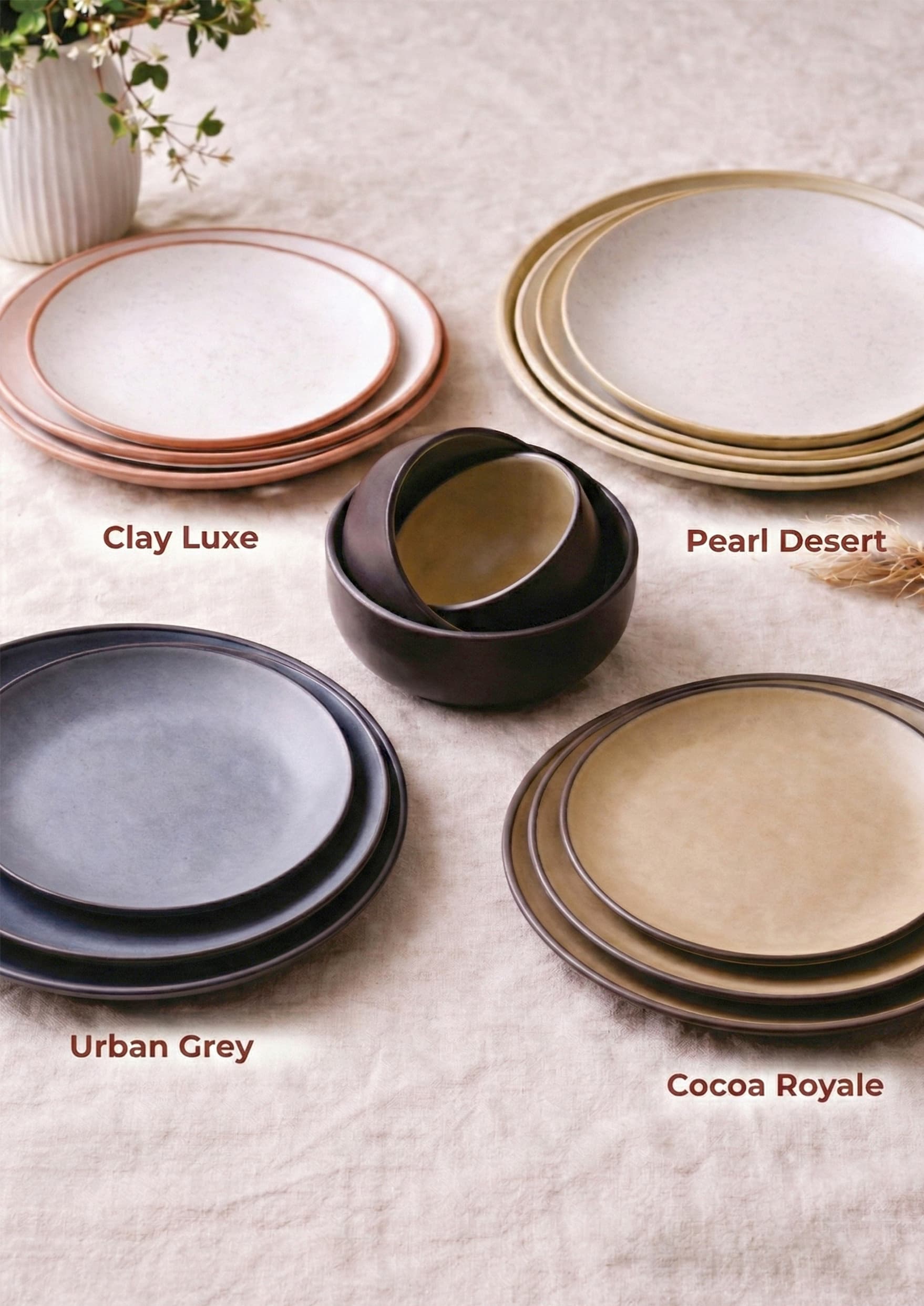 Clay Luxe, Pearl Desert, Urban Grey, Cocoa Royale collections